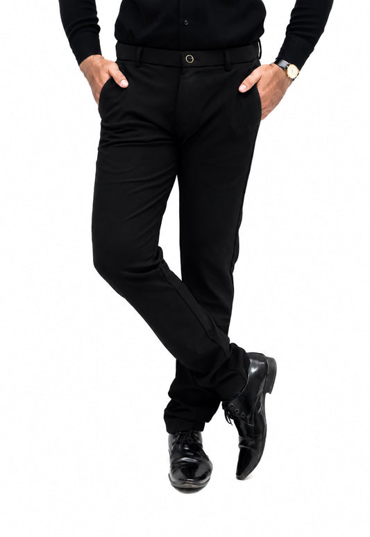 ZELTON™ I-01 Men's Slim Fit Formal Trouser – Imported Plain Cotton Fabric with Belt Elastic & Mini Zip Pocket (Jet Black)