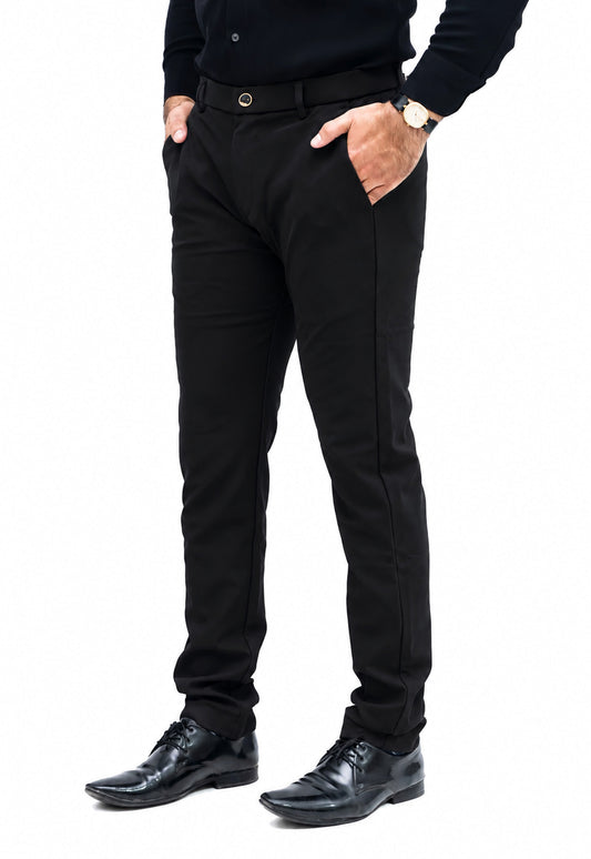 ZELTON™ I-01 Men's Slim Fit Formal Trouser – Imported Plain Cotton Fabric with Belt Elastic & Mini Zip Pocket (Jet Black)