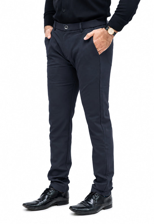 ZELTON™ I-01 Men's Slim Fit Formal Trouser – Imported Plain Cotton Fabric with Belt Elastic & Mini Zip Pocket (Navy Blue)