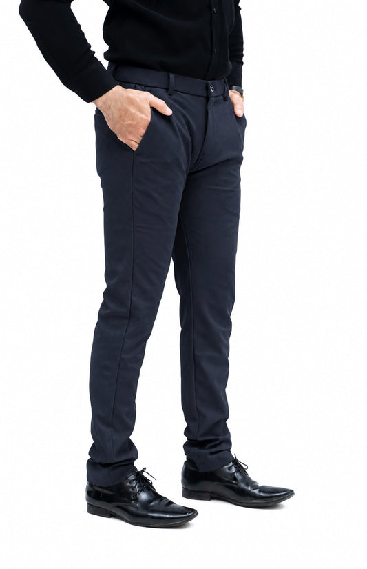 ZELTON™ I-01 Men's Slim Fit Formal Trouser – Imported Plain Cotton Fabric with Belt Elastic & Mini Zip Pocket (Navy Blue)
