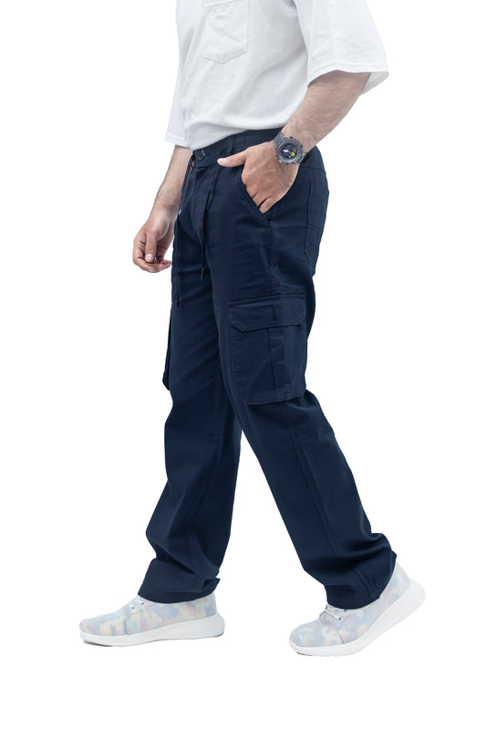 KRAZY™ BAGGY Men's Linen Blend Cargo Pants – 6 Pocket Baggy Fit Trouser (Navy Blue)