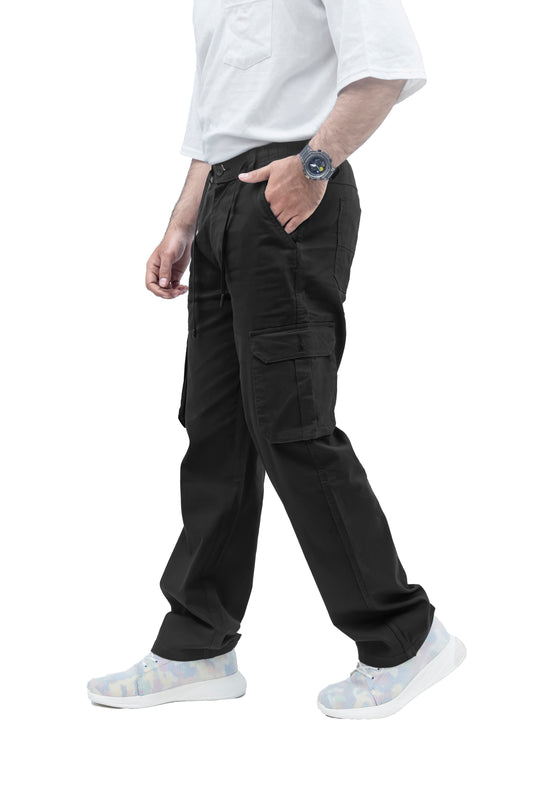 KRAZY™ BAGGY Men's Linen Blend Cargo Pants – 6 Pocket Baggy Fit Trouser (Jet Black)