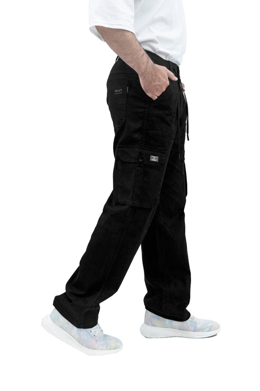 KRAZY™ BAGGY Men's Linen Blend Cargo Pants – 6 Pocket Baggy Fit Trouser (Jet Black)