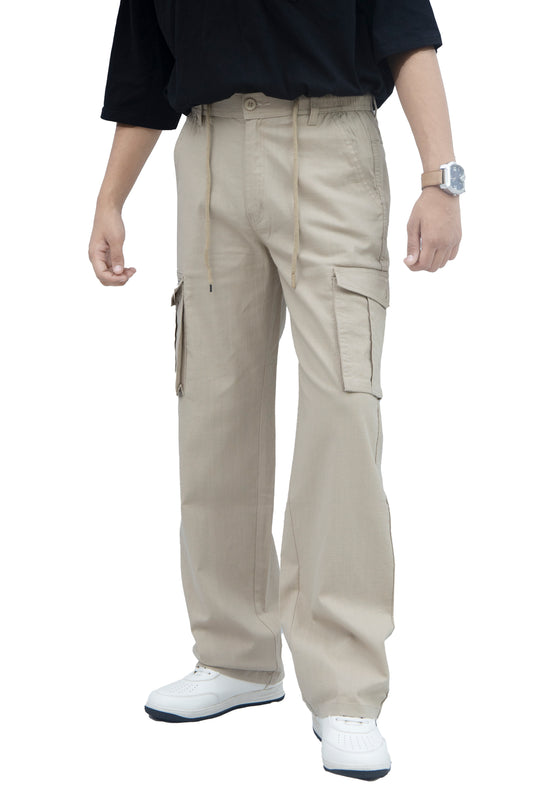 KRAZY™ BAGGY Men's Linen Blend Cargo Pants – 6 Pocket Baggy Fit Trouser (Beige)