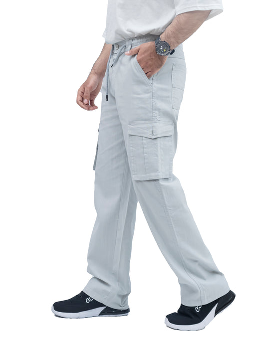 KRAZY™ BAGGY Men's Linen Blend Cargo Pants – 6 Pocket Baggy Fit Trouser (Ice Blue)