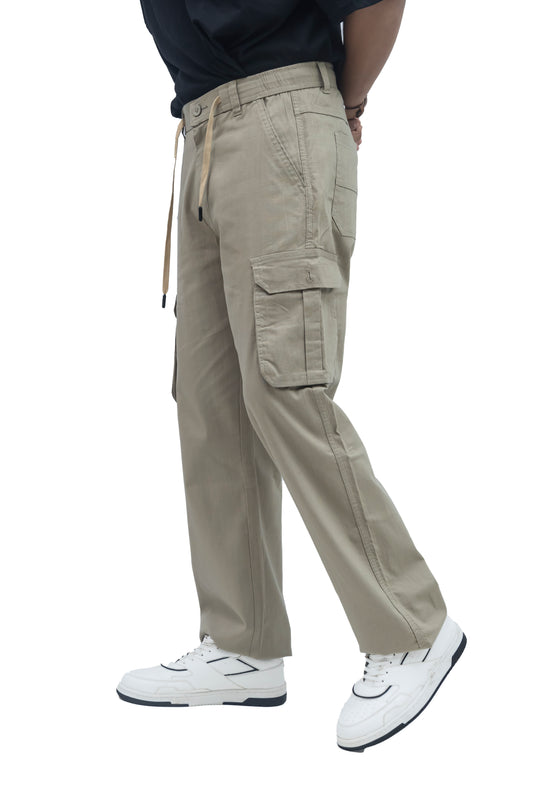 KRAZY™ BAGGY Men's Linen Blend Cargo Pants – 6 Pocket Baggy Fit Trouser (Beige)