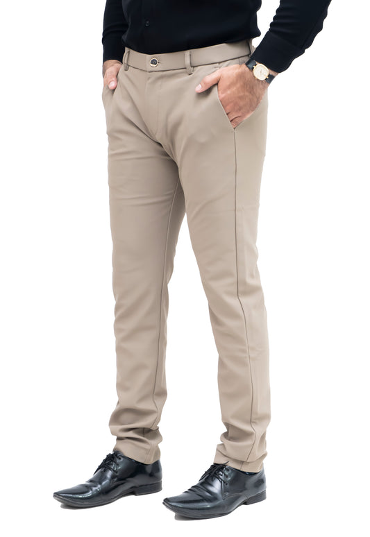 ZELTON™ I-01 Men's Slim Fit Formal Trouser – Imported Plain Cotton Fabric with Belt Elastic & Mini Zip Pocket (Beige)