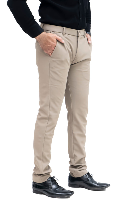 ZELTON™ I-01 Men's Slim Fit Formal Trouser – Imported Plain Cotton Fabric with Belt Elastic & Mini Zip Pocket (Beige)