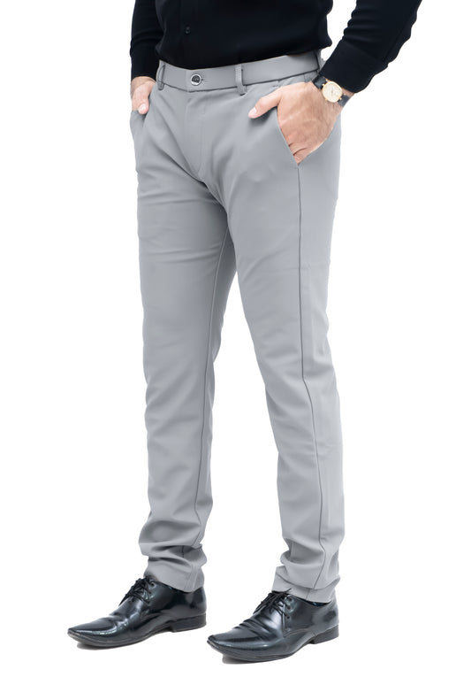 ZELTON™ I-01 Men's Slim Fit Formal Trouser – Imported Plain Cotton Fabric with Belt Elastic & Mini Zip Pocket (Steel Grey)