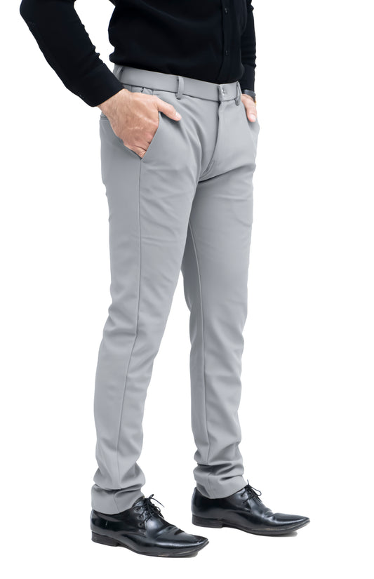 ZELTON™ I-01 Men's Slim Fit Formal Trouser – Imported Plain Cotton Fabric with Belt Elastic & Mini Zip Pocket (Steel Grey)
