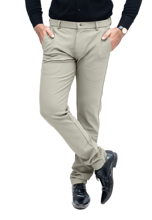 ZELTON™ I-01 Men's Slim Fit Formal Trouser – Imported Plain Cotton Fabric with Belt Elastic & Mini Zip Pocket (Stone Beige)