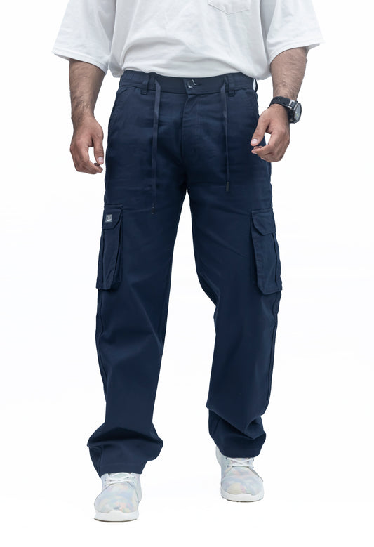 KRAZY™ BAGGY Men's Linen Blend Cargo Pants – 6 Pocket Baggy Fit Trouser (Navy Blue)