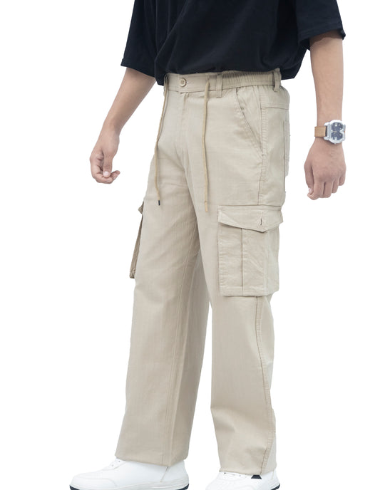 KRAZY™ BAGGY Men's Linen Blend Cargo Pants – 6 Pocket Baggy Fit Trouser (Beige)