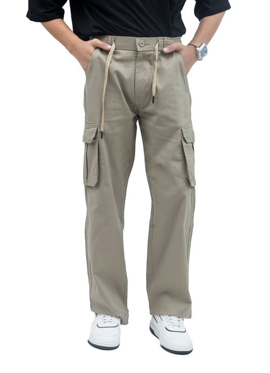 KRAZY™ BAGGY Men's Linen Blend Cargo Pants – 6 Pocket Baggy Fit Trouser (Beige)