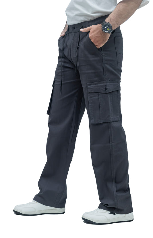 KRAZY™ BAGGY Men's Linen Blend Cargo Pants – 6 Pocket Baggy Fit Trouser (Charcoal Black)