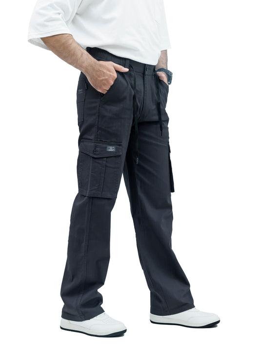 KRAZY™ BAGGY Men's Linen Blend Cargo Pants – 6 Pocket Baggy Fit Trouser (Charcoal Black)